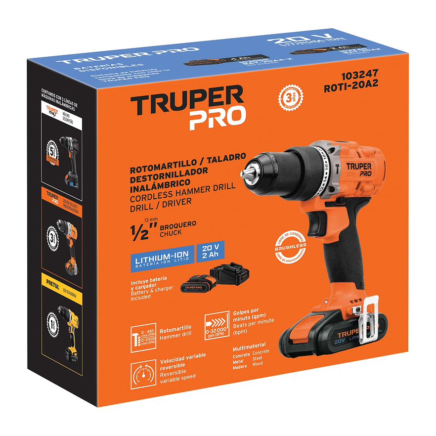 Taladro Rotomartillo percutor Inalámbrico Truper 103247, 1/2