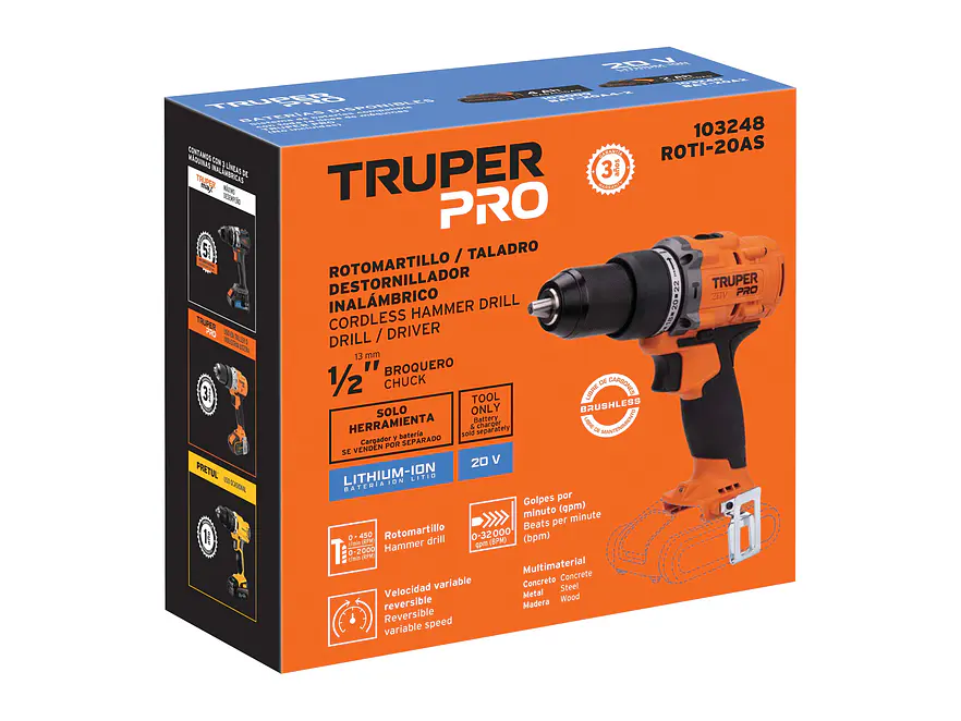 Taladro Rotomartillo Percutor Inalámbrico Truper 103248, 1/2
