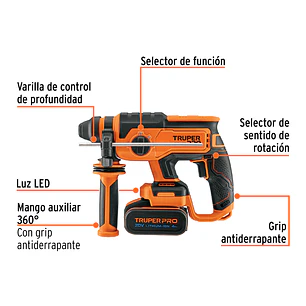 Taladro Percutor Rotomartillo Truper 103263, SDS Plus Inalámbrico 20V 2 J Motor Brushless,1 Batería 4Ah