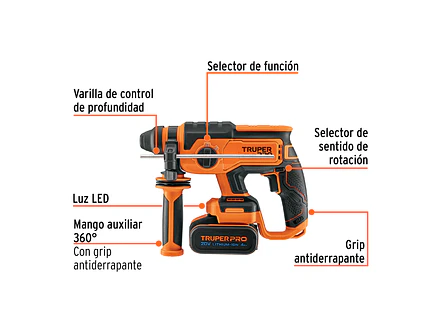 Taladro Percutor Rotomartillo Truper 103263, SDS Plus Inalámbrico 20V 2 J Motor Brushless,1 Batería 4Ah - Foto 2 | aztools.co