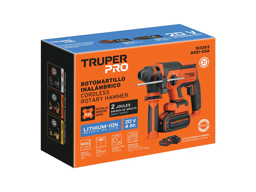 Taladro Percutor Rotomartillo Truper 103263, SDS Plus Inalámbrico 20V 2 J Motor Brushless,1 Batería 4Ah - Foto 4 | aztools.co