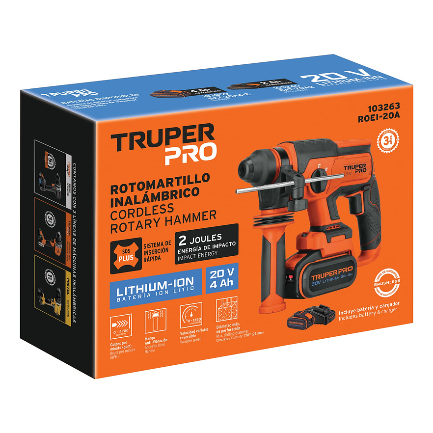 Taladro Percutor Rotomartillo Truper 103263, SDS Plus Inalámbrico 20V 2 J Motor Brushless,1 Batería 4Ah 4