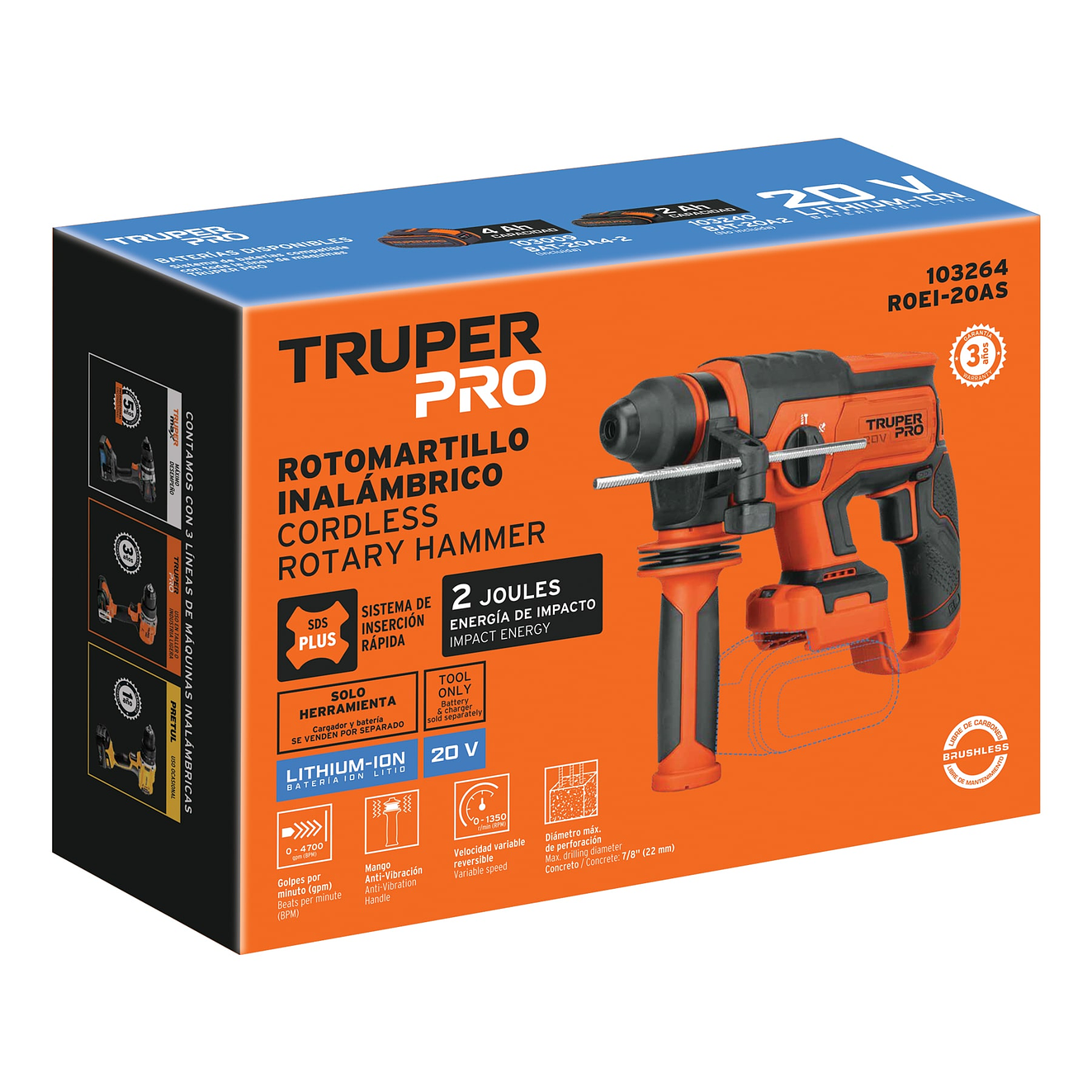 Taladro Rotomartillo Percutor Truper 103264, SDS Plus Inalámbrico 20V 2 J Motor Brushless, Sin Accesorios 4