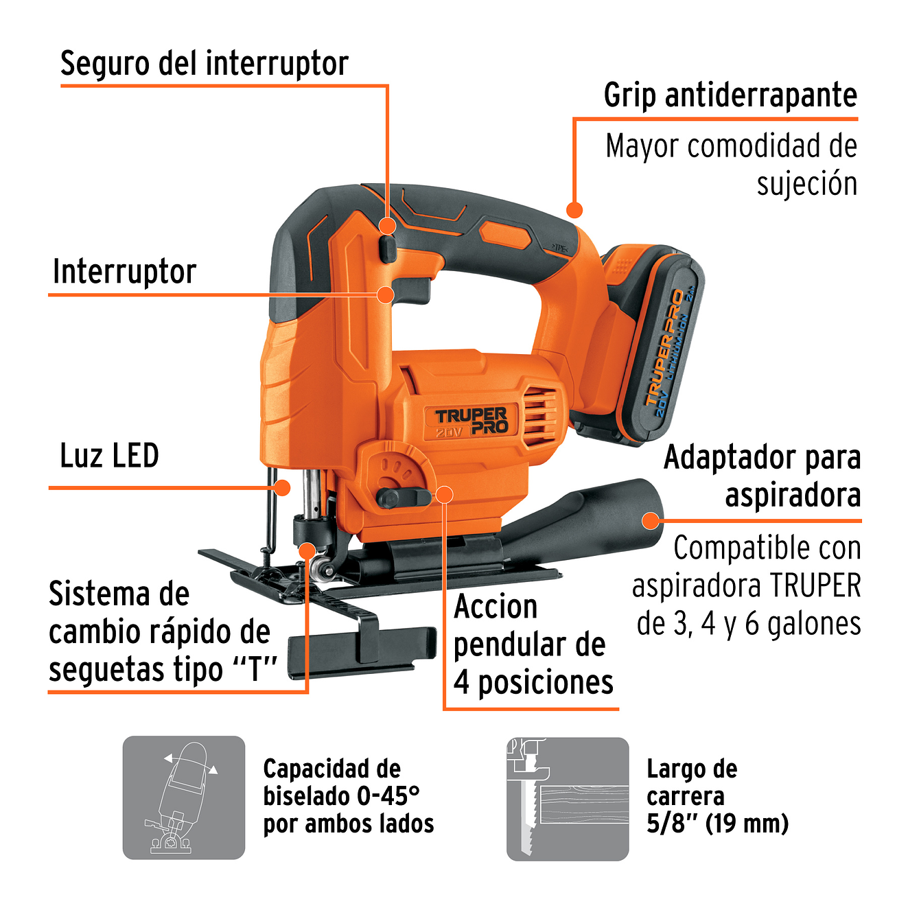 Sierra caladora inalambrica Truper 102859, 20V, 1 batería 2Ah, profesional 2