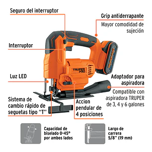 Sierra caladora inalambrica Truper 102859, 20V, 1 batería 2Ah, profesional