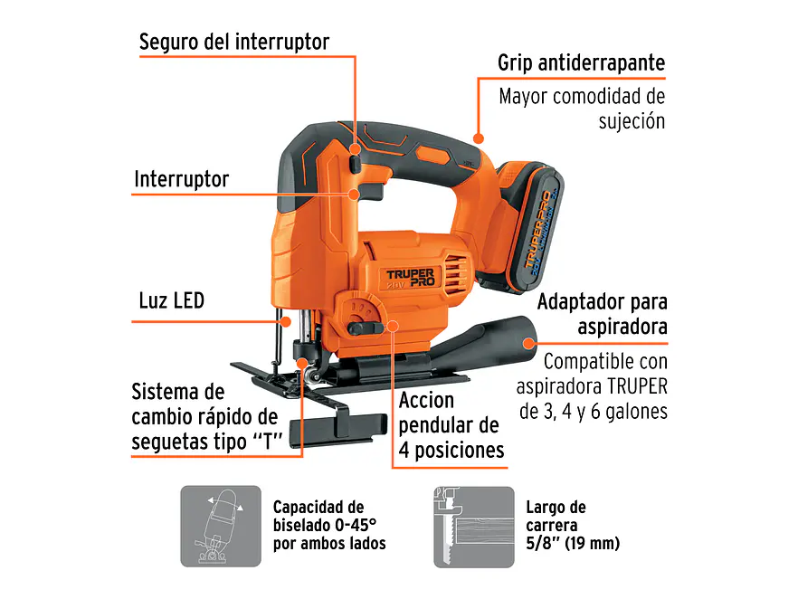 Sierra caladora inalambrica Truper 102859, 20V, 1 batería 2Ah, profesional - Foto 2 | aztools.co