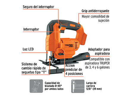 Sierra caladora inalambrica Truper 103260, 20V, sin accesorios, TRUPER PRO - Foto 2 | aztools.co