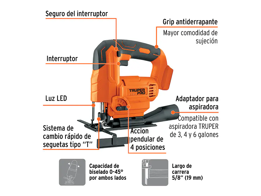 Sierra caladora inalambrica Truper 103260, 20V, sin accesorios, TRUPER PRO - Foto 2 | aztools.co