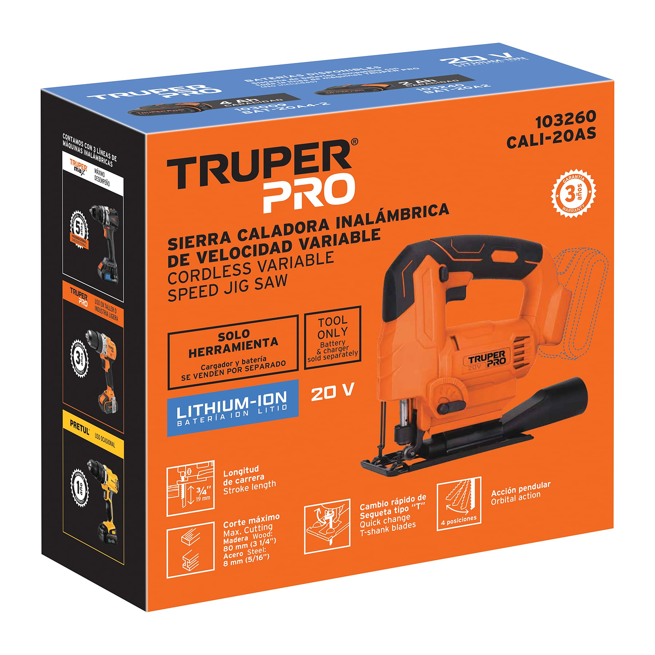 Sierra caladora inalambrica Truper 103260, 20V, sin accesorios, TRUPER PRO 4