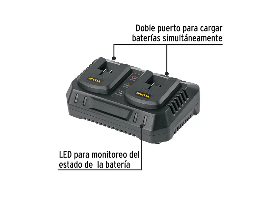 Cargador dual de baterías de ion litio Pretul 29919, 20V - Foto 2 | aztools.co