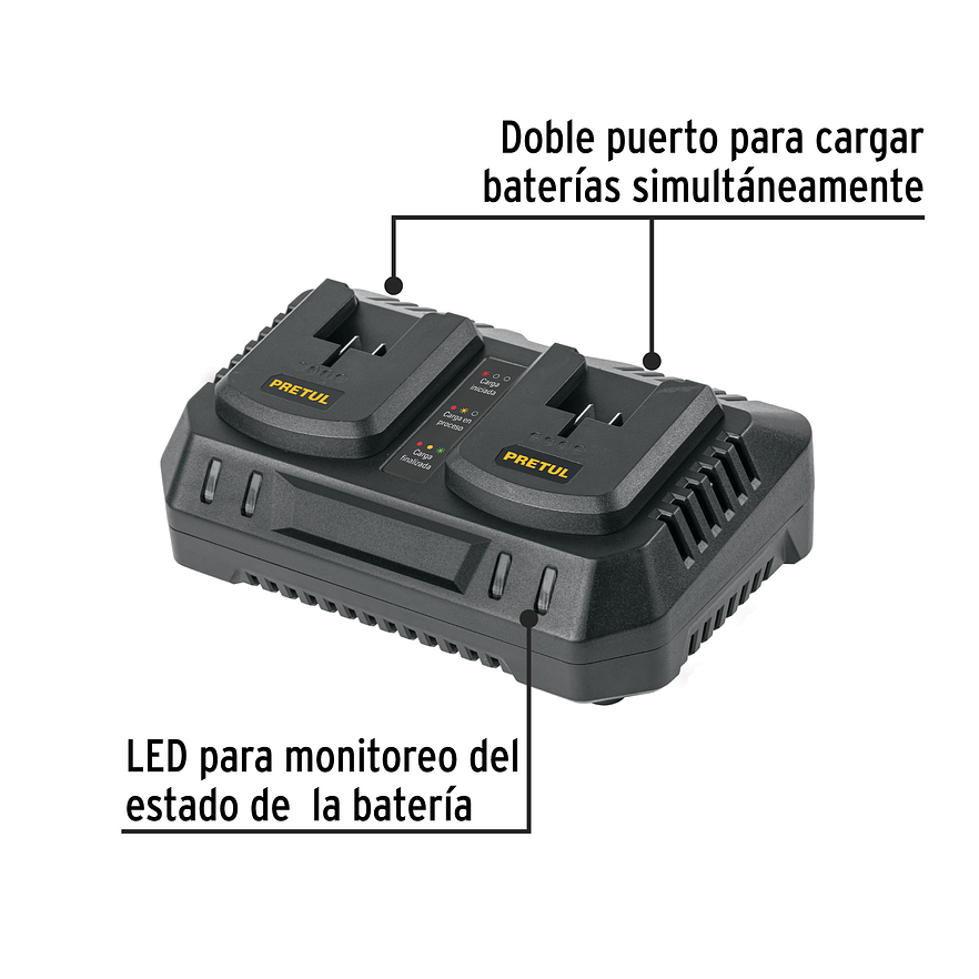 Cargador dual de baterías de ion litio Pretul 29919, 20V 2