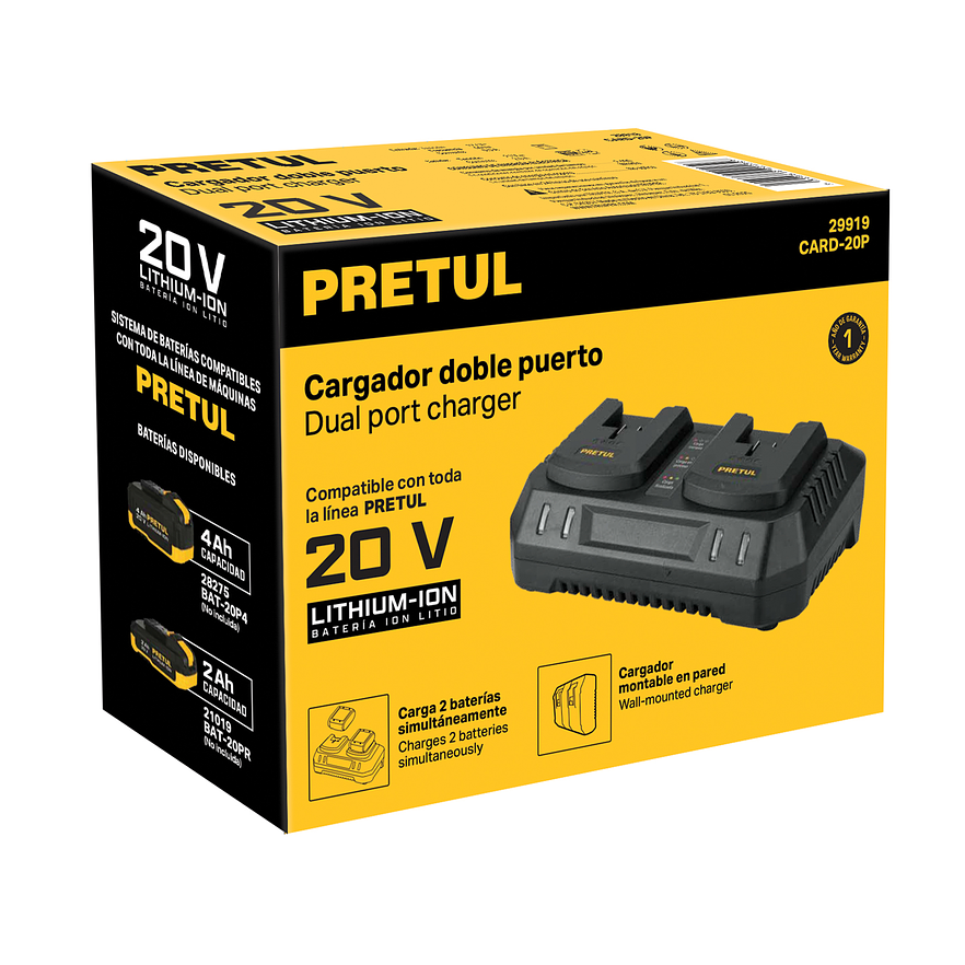 Cargador dual de baterías de ion litio Pretul 29919, 20V 5