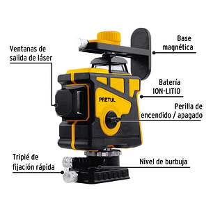 Nivel láser verde Pretul 29005, alcance 25m, 12 líneas, recargable