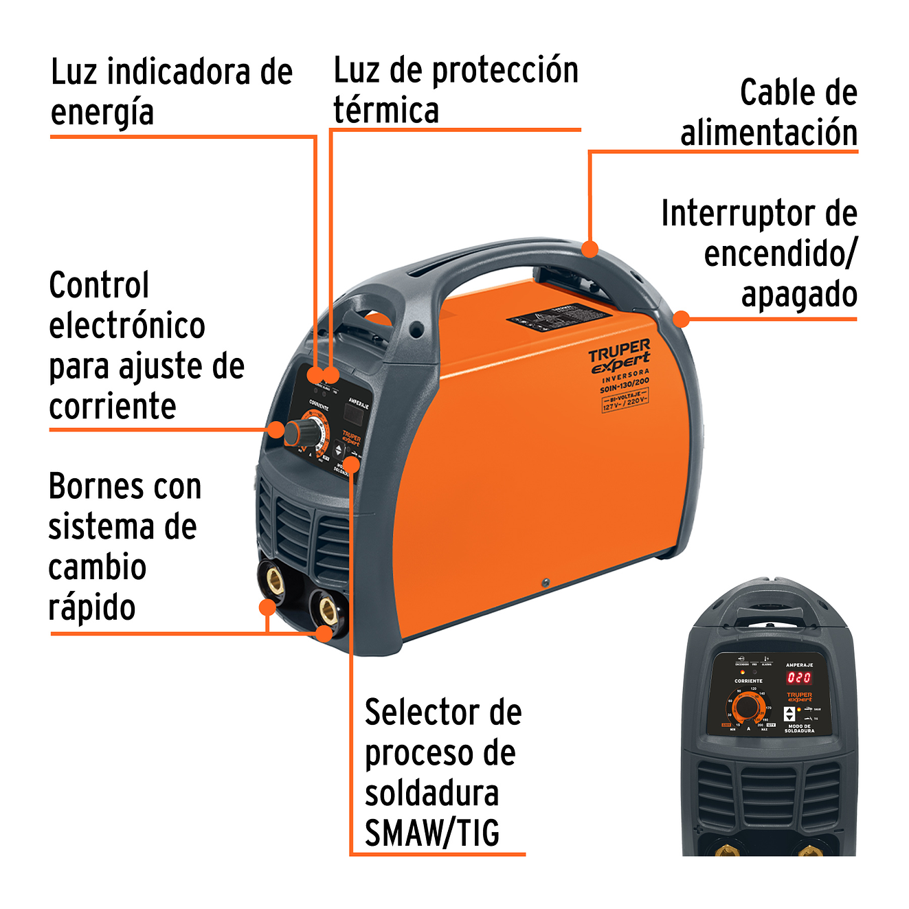 Soldadora inversora Truper 16053, 130 / 200 A, voltaje dual  2