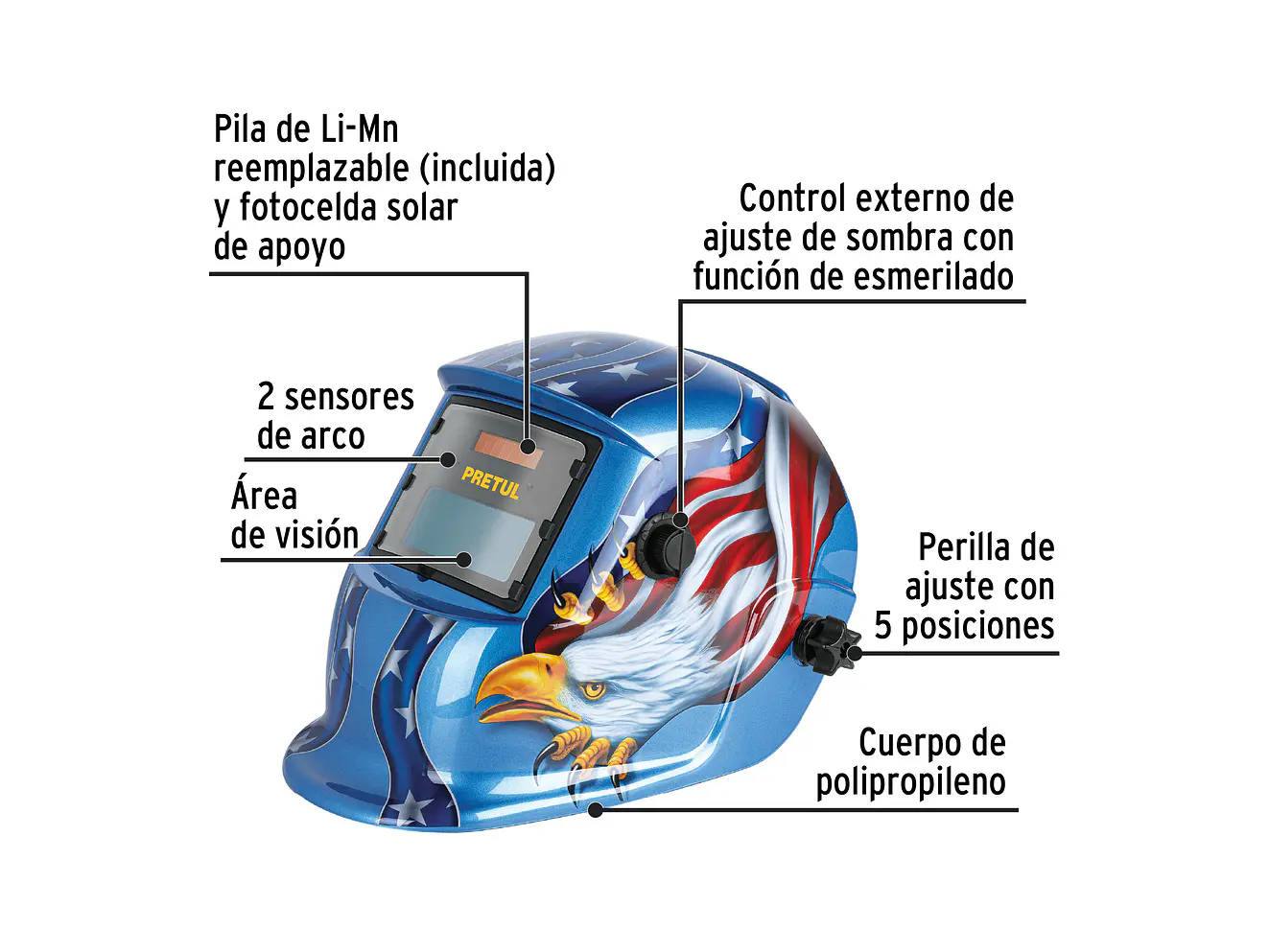 Careta Electrónica para Soldar Pretul 29011, Águila, Sombra 9-13 - Foto 2 | aztools.co