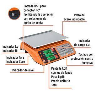 Báscula electrónica multifunciones Truper 103131, capacidad 40 kg USB