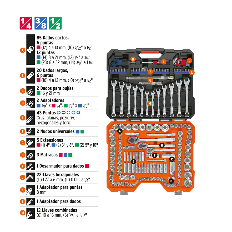 Juego de herramientas de 199 piezas Truper 12894, 1/4