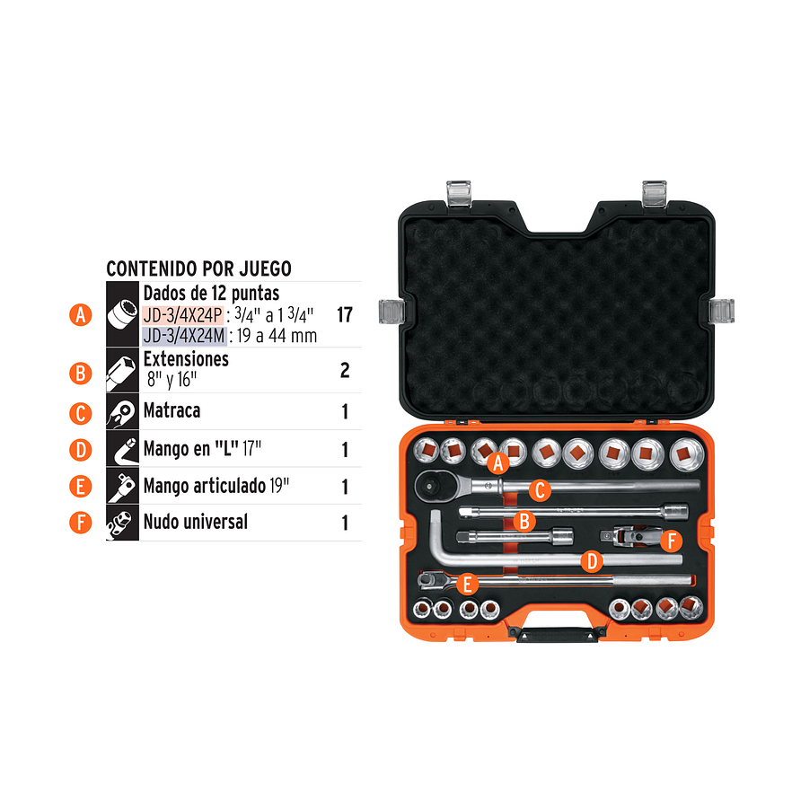 Juego de copas Truper 13970, 23 piezas, 3/4