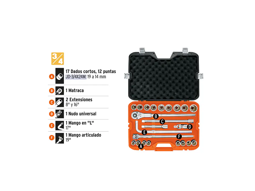 Juego de copas Truper 13874, 3/4 milimetrico 23 piezas, JD-3/4x24M - Foto 4 | aztools.co