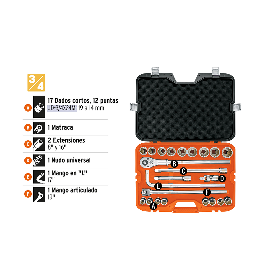 Juego de copas Truper 13874, 3/4 milimetrico 23 piezas, JD-3/4x24M - Foto 4 | aztools.co