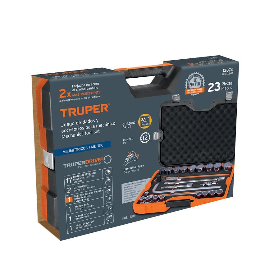 Juego de copas Truper 13874, 3/4 milimetrico 23 piezas, JD-3/4x24M - Foto 5 | aztools.co