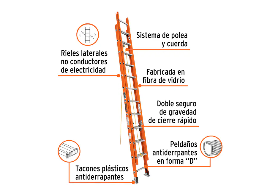 Escalera de extensión Truper 16757, tipo II, 24 peldaños, fibra de vidrio