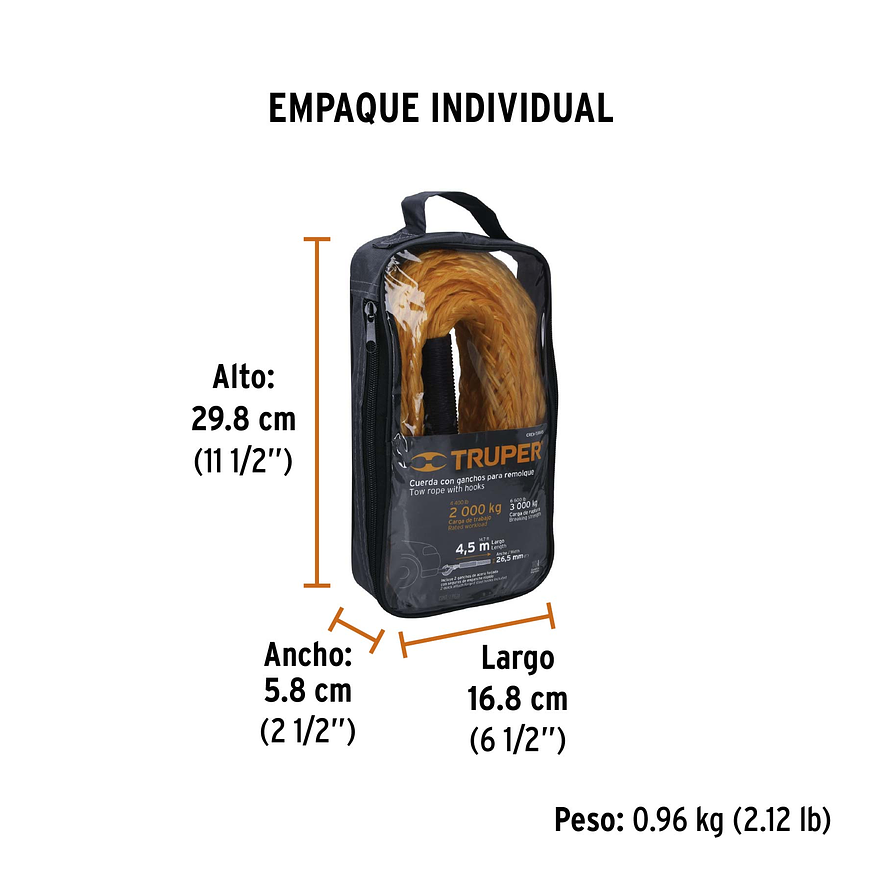 Cuerda para remolque con ganchos Truper 18346,7/8' x 4.5m