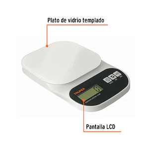 Báscula digital base de vidrio para cocina Truper 15160, capacidad 5kg 