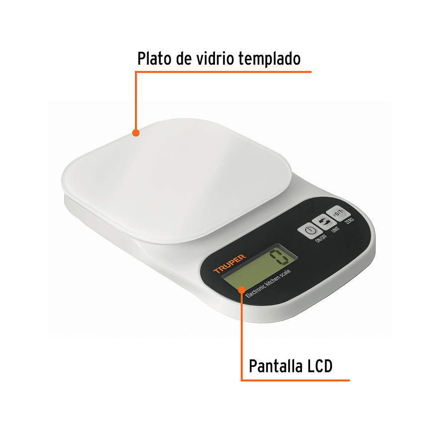 Báscula digital base de vidrio para cocina Truper 15160, capacidad 5kg  2