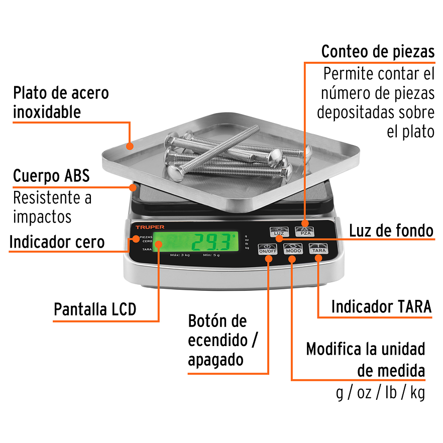 Báscula Electrónica de Precisión Truper 102317, Recargable, 3 kg 3