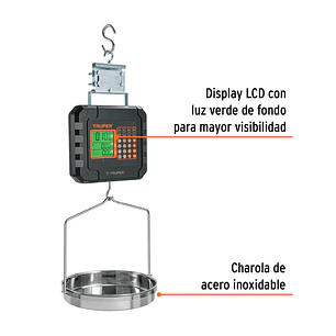 Báscula electrónica colgante Truper 102898, recargable, c/charola, 40 kg