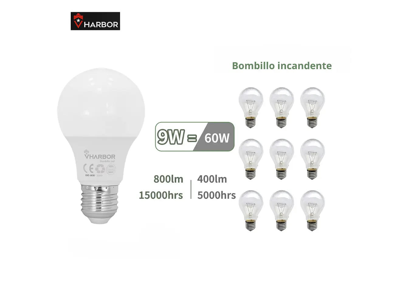 Bombillo LED 9W VHARBOR E27 x 4 Unidades (800 Lúmenes, 6500K) - Foto 2 | aztools.co