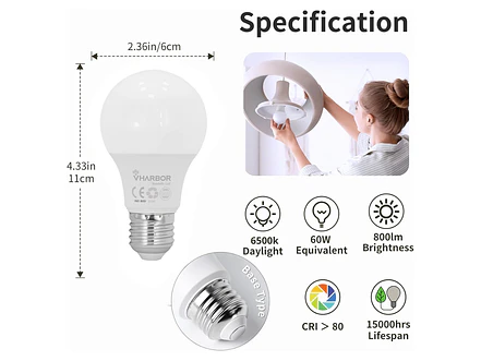 Bombillo LED 9W VHARBOR E27 x 4 Unidades (800 Lúmenes, 6500K) - Foto 3 | aztools.co