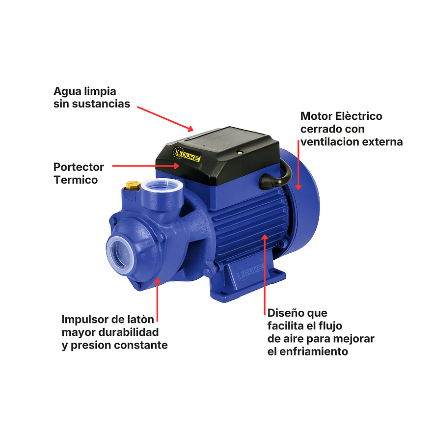 Bomba Eléctrica Periférica UDUKE 1 HP BQ80 (45m Altura, Impulsor Bronce) 2