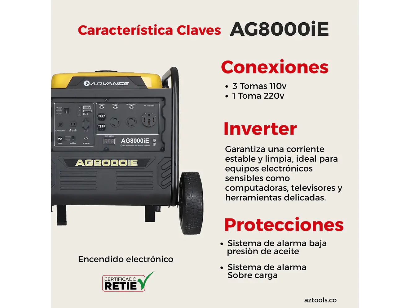 Planta Eléctrica Inverter ADVANCE AG8000iE 7,500W 110V/220V - Foto 3 | aztools.co