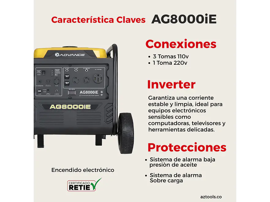 Planta Eléctrica Inverter ADVANCE AG8000iE 7,500W 110V/220V - Foto 2 | aztools.co