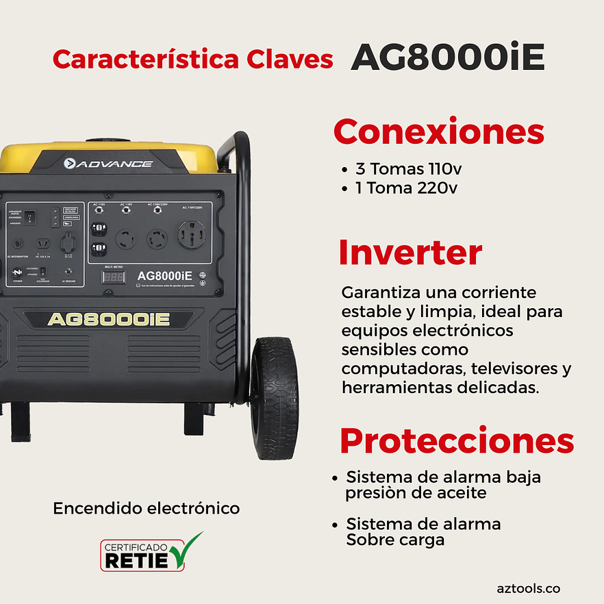 Planta Eléctrica Inverter ADVANCE AG8000iE 7,500W 110V/220V - Foto 2 | aztools.co