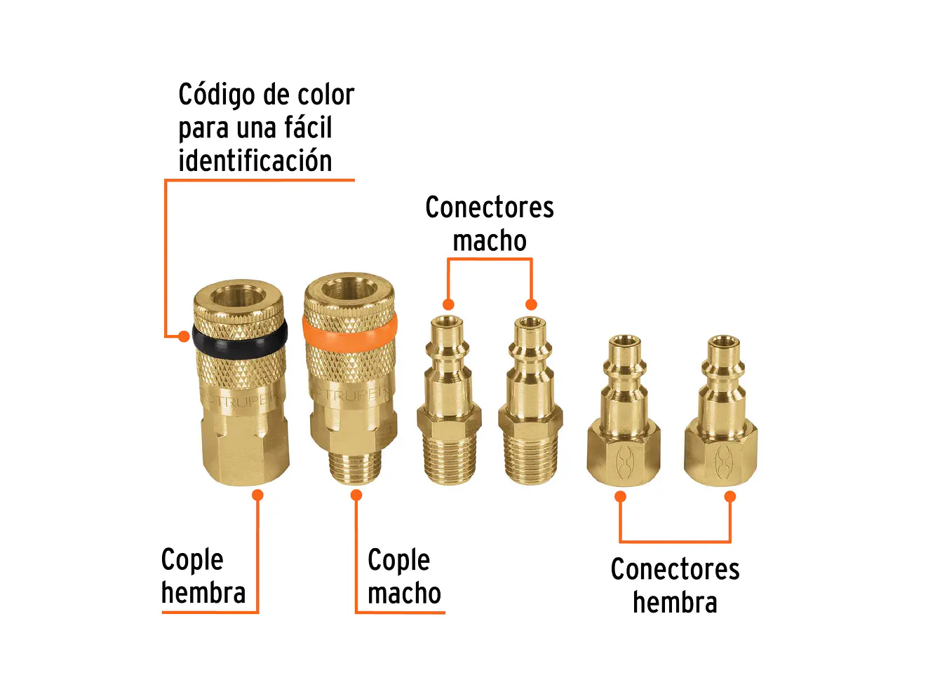 Juego de 4 Conectores Rápidos Truper 18075, y 2 Acoples de Latón - Foto 2 | aztools.co