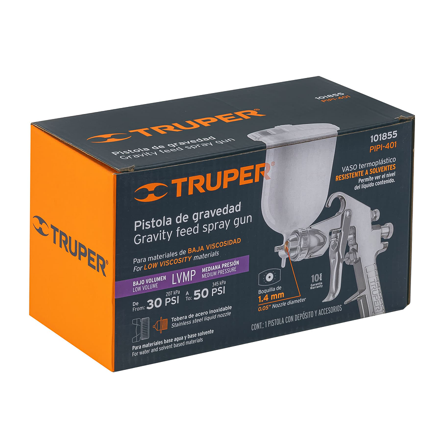 Pistola para pintar Truper 101855, gravedad LVMP, vaso plástico, boq 1.4 mm 4