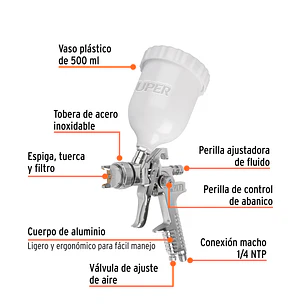 Pistola para pintar Truper 12131, gravedad HVLP,vaso plástico, boquilla 2.0mm 