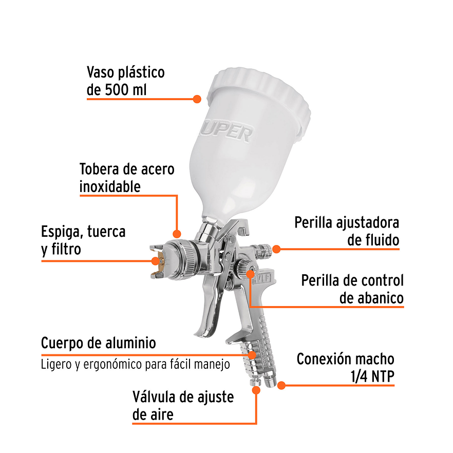 Pistola para pintar Truper 12131, gravedad HVLP,vaso plástico, boquilla 2.0mm  2