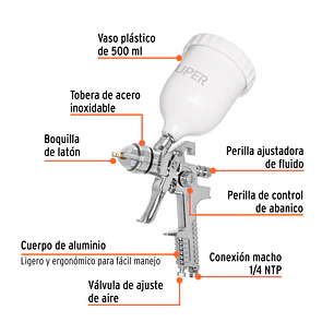 Pistola para pintar gravedad HVLP Truper 12129, vaso plástico, boquilla 1.7mm 