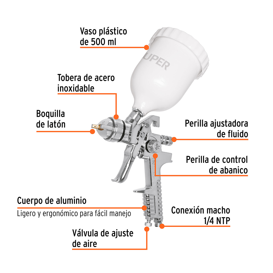 Pistola para pintar gravedad HVLP Truper 12129, vaso plástico, boquilla 1.7mm  2