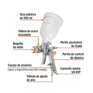Pistola para pintar gravedad HVLP, Truper 12128, vaso plástico, boquilla 1.4mm 