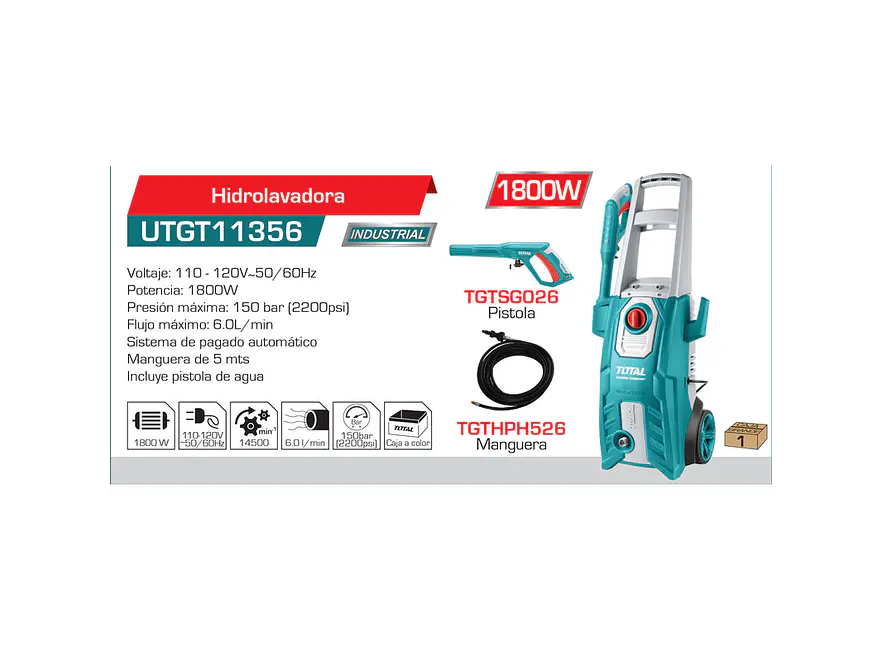 Hidrolavadora Industrial TOTAL UTGT11356 1800W 2200 PSI 120V - Foto 2 | aztools.co