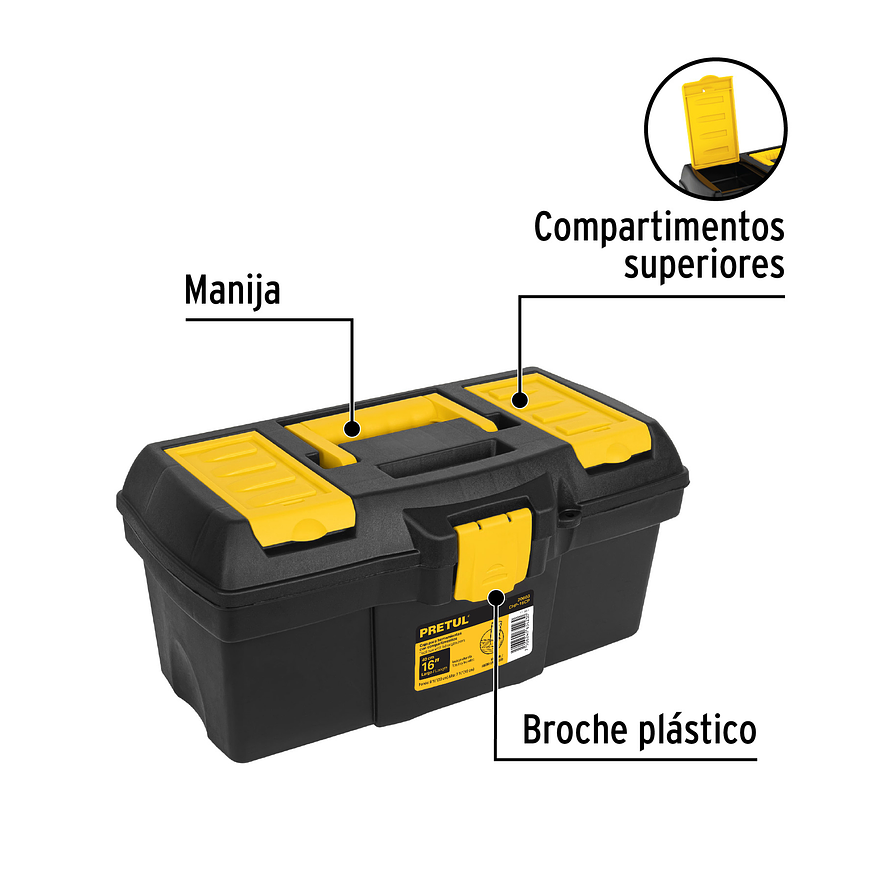 Caja de herramientas plástica 16' con compartimentos, Pretul 20603, Capacidad 13 Kg 2