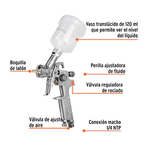 Pistola p/retoque gravedad Truper 11097, HVLP, vaso plástico, boquilla 1.0mm 