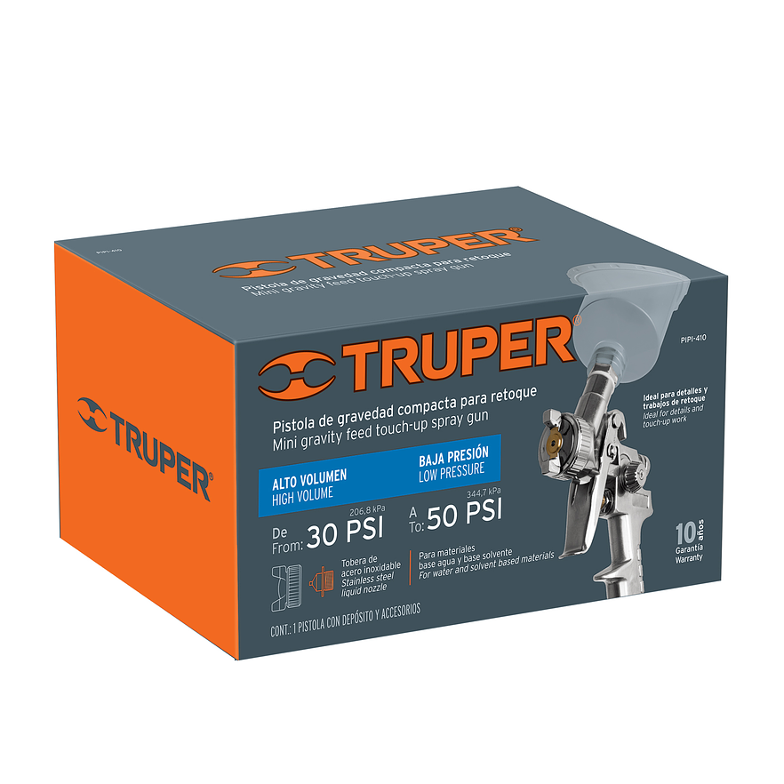 Pistola p/retoque gravedad Truper 11097, HVLP, vaso plástico, boquilla 1.0mm  6