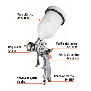 Pistola para pintar gravedad LVMP Truper 11749, vaso plástico, 1.4 mm, Expert