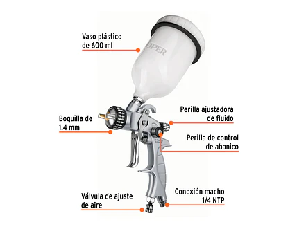 Pistola para pintar gravedad LVMP Truper 11749, vaso plástico, 1.4 mm, Expert - Foto 2 | aztools.co
